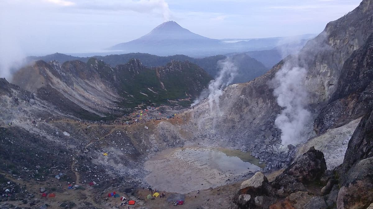 Steam rising from the crater of Mount Sibayak near Berastagi
